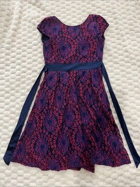VINTAGE Purple-Pink Lace Fit & Flare Dress with Navy Waist Sash